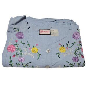 Vintage Granada Embroidered Nightgown Sz Large Blue Floral Button Up House Dress